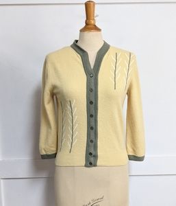 Vintage 1960s Angora Blend Cardigan Green/Yellow S